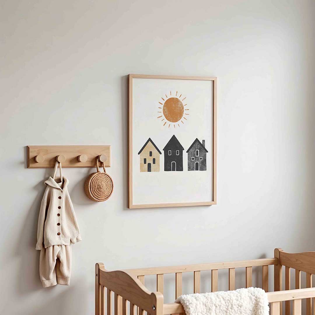 Drie huizen en zon Poster