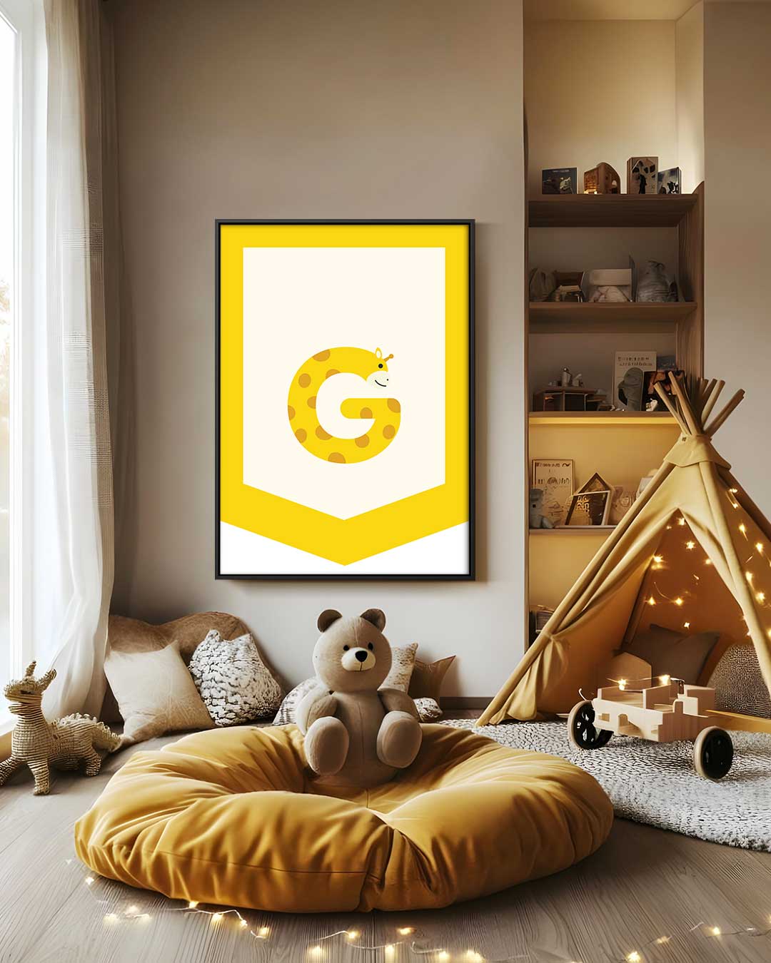 Vrolijke Giraffe Letterkunst Kunstwerk-canvas-dibond-plexiglas-wanddecoratie-WallArtistic