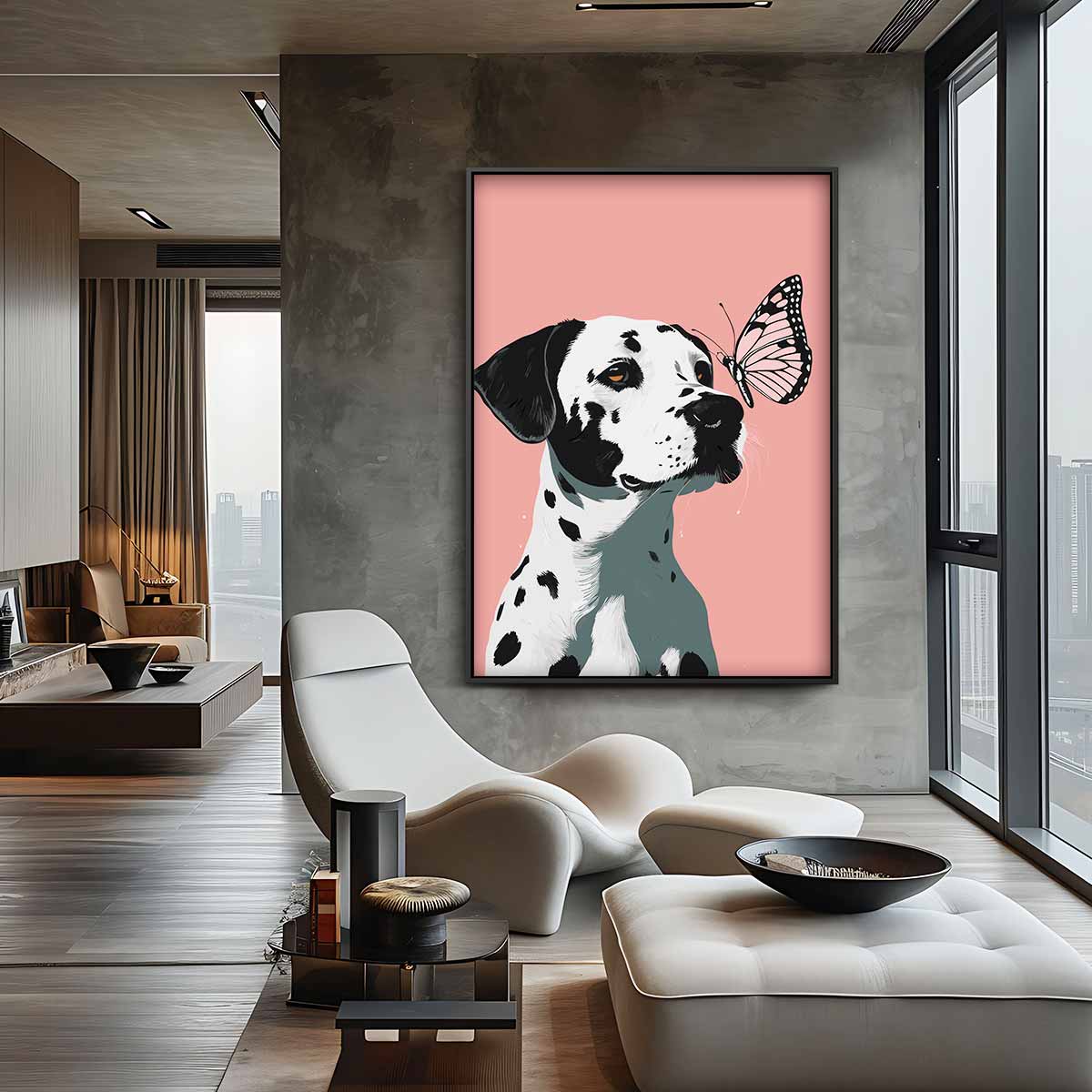Dalmatier en Vlinder Vriendschap Kunstwerk-canvas-dibond-plexiglas-wanddecoratie-WallArtistic