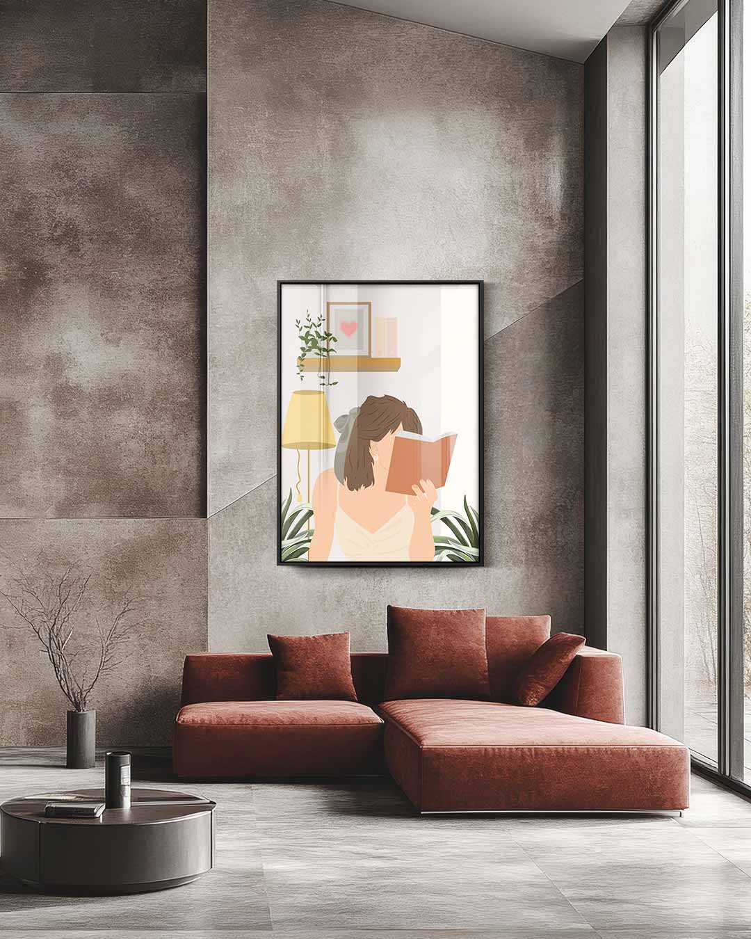 Lezende Vrouw in een Gezellige Kamer Kunstwerk-canvas-dibond-plexiglas-wanddecoratie-WallArtistic