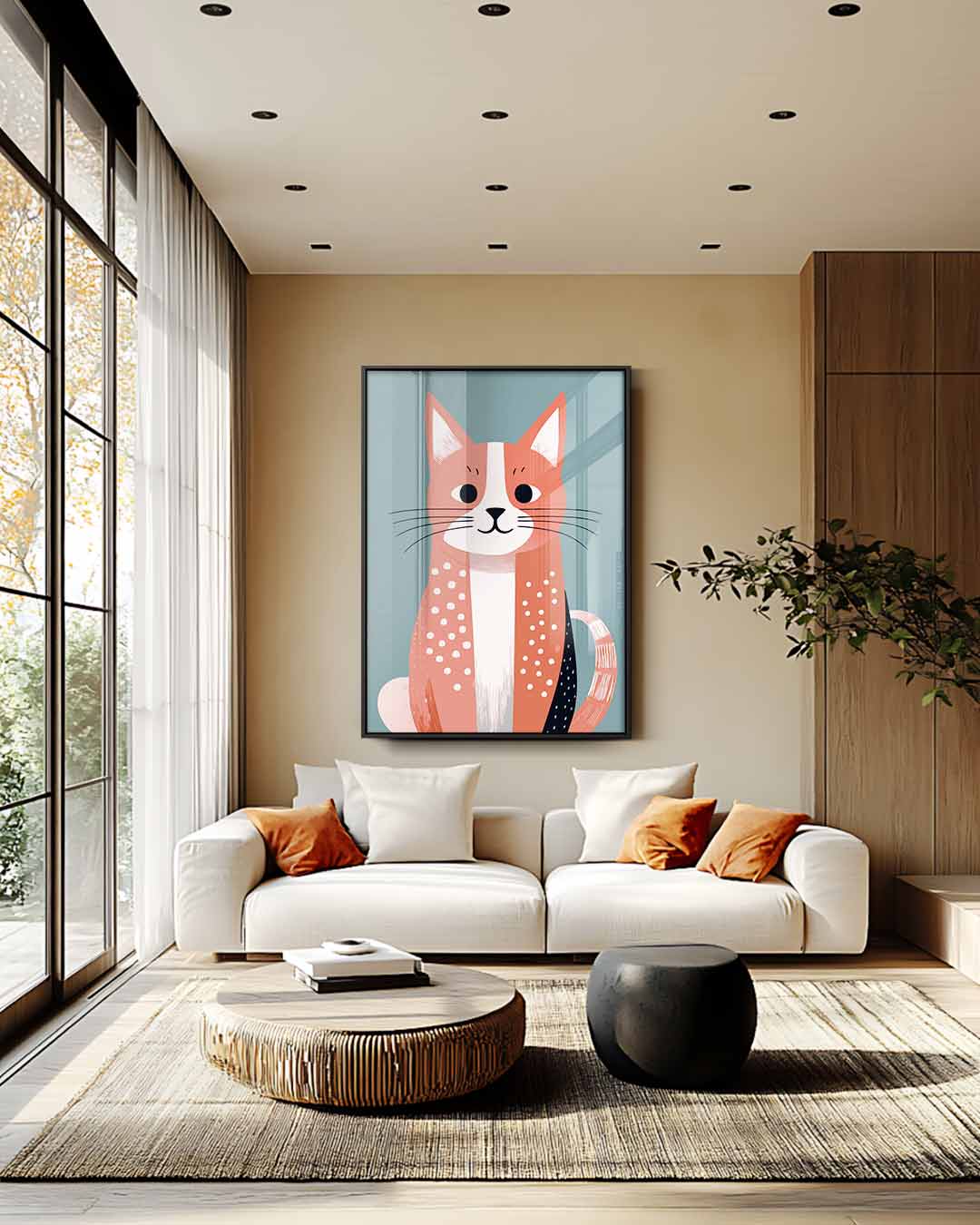 Vrolijke Kat Illustratie Kunstwerk-canvas-dibond-plexiglas-wanddecoratie-WallArtistic
