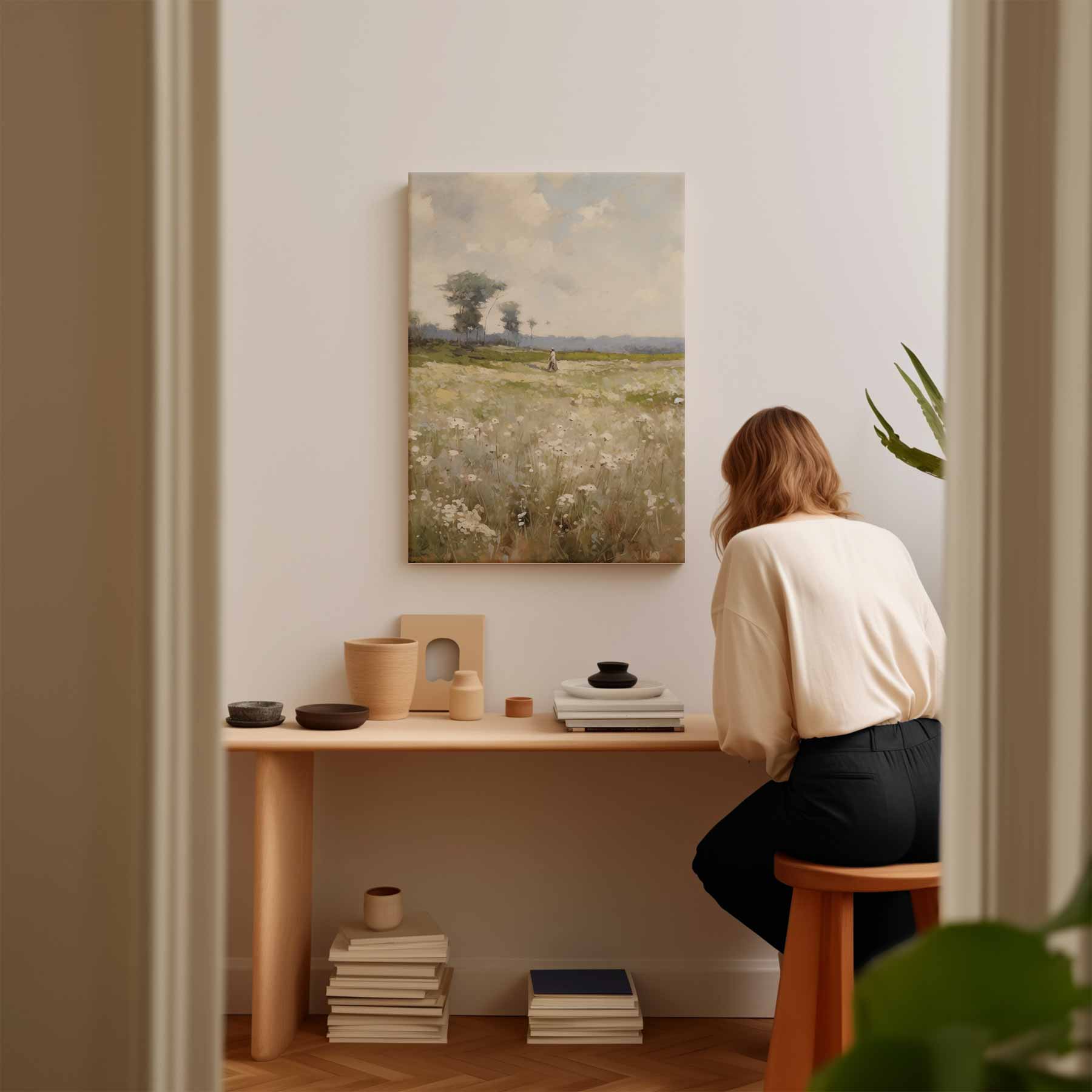 Lenteveld onder een Lucht van Wolken Kunstwerk-canvas-dibond-plexiglas-wanddecoratie-WallArtistic