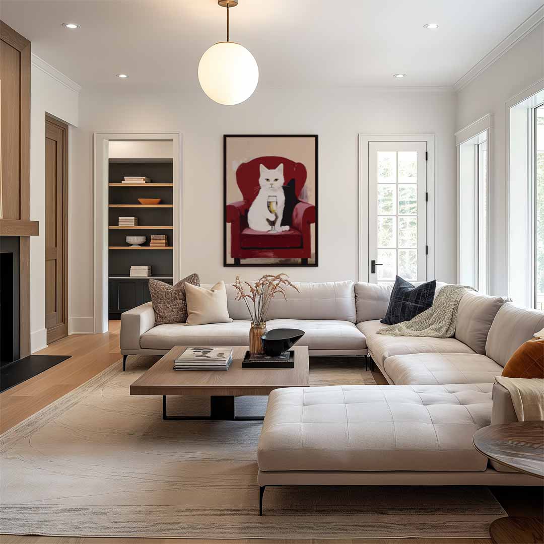 Luxe Kat met Wijn op Rood Stoel Kunstwerk-canvas-dibond-plexiglas-wanddecoratie-WallArtistic