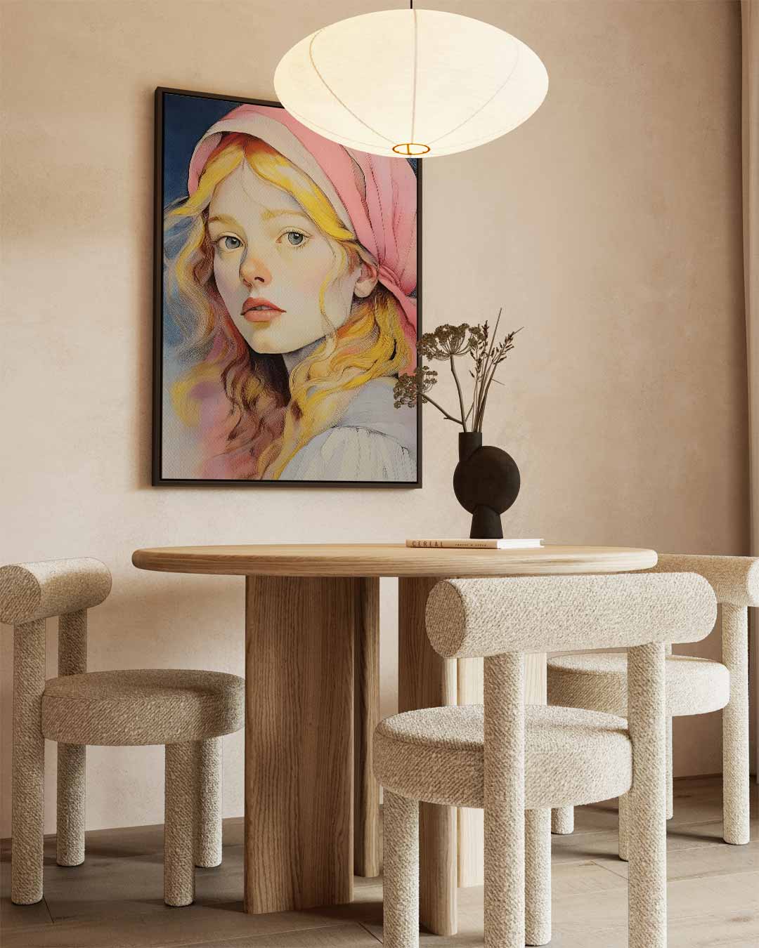 Dromerige Meisje met Roze Hoofddoek Kunstwerk-canvas-dibond-plexiglas-wanddecoratie-WallArtistic