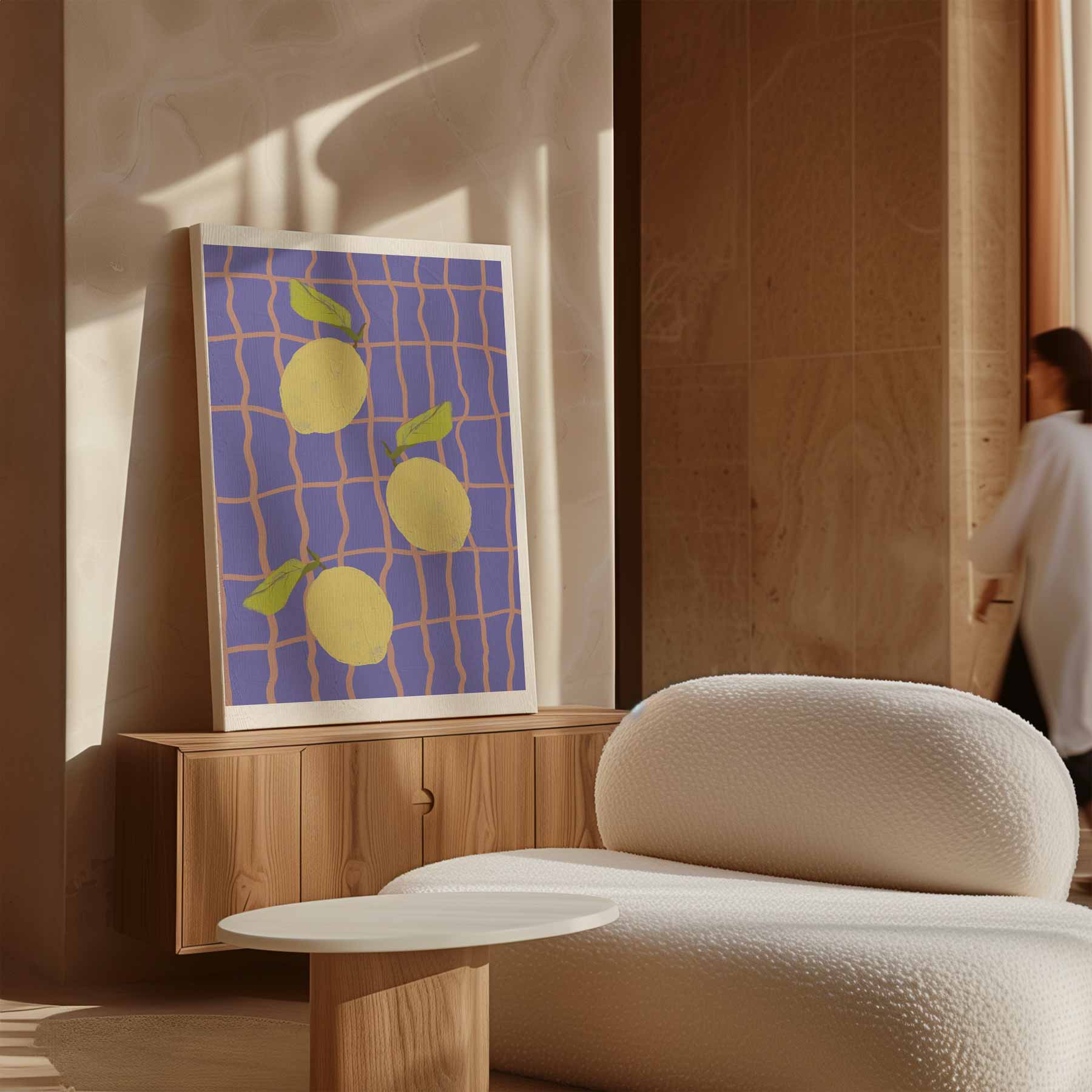 Citroenen op Blauw Ruitpatroon Kunstwerk-canvas-dibond-plexiglas-wanddecoratie-WallArtistic