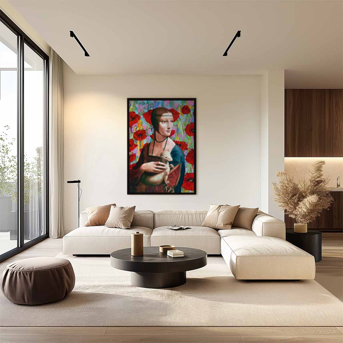 Vrouw met Wezel en Rode Bloemen Kunstwerk-canvas-dibond-plexiglas-wanddecoratie-WallArtistic