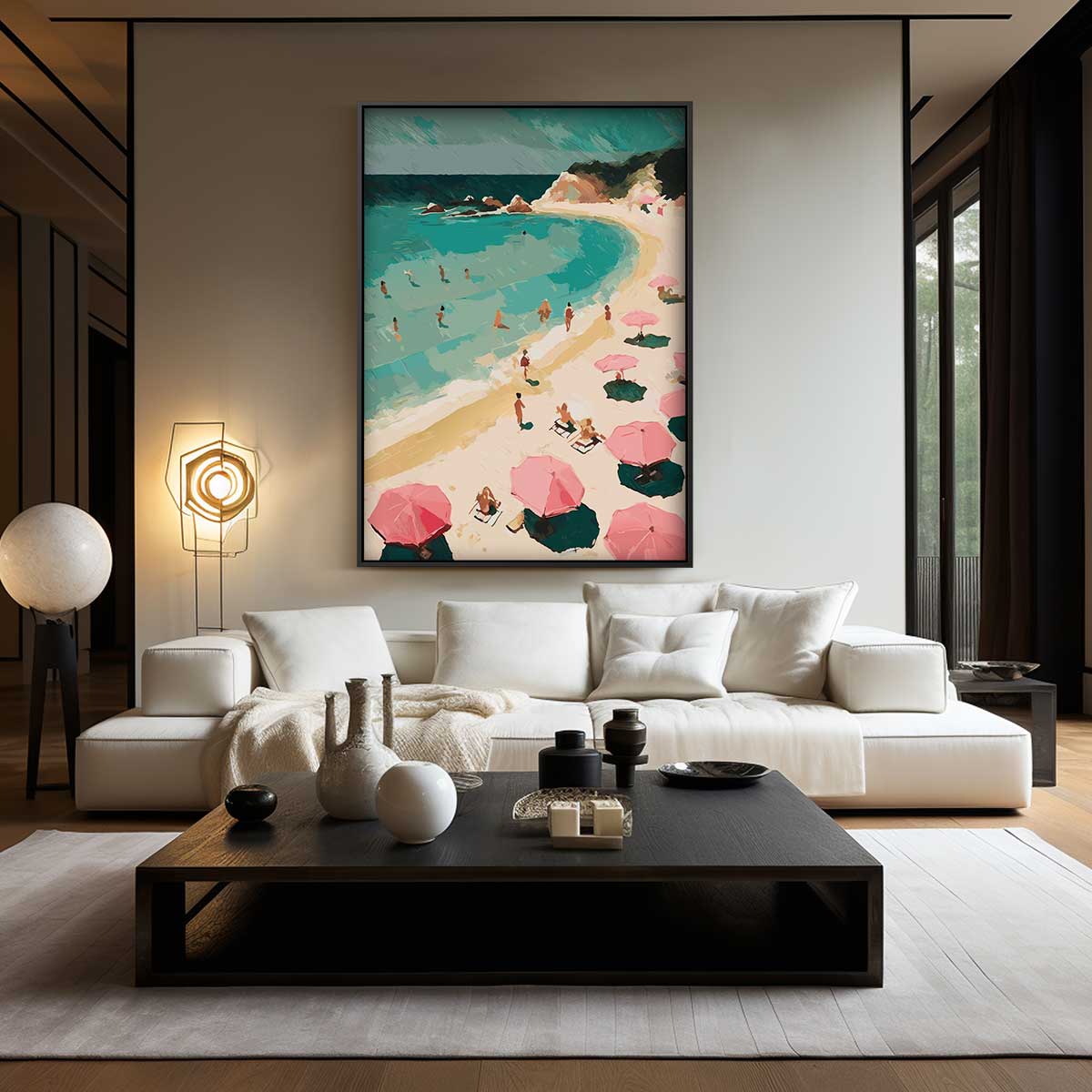 Stranddag met Roze Paraplu's Kunstwerk-canvas-dibond-plexiglas-wanddecoratie-WallArtistic