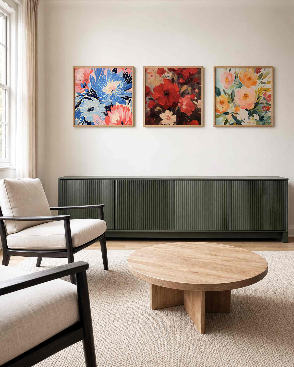 Interieurpresentatie van een driedelige vierkante posterset met kleurrijke bloemen