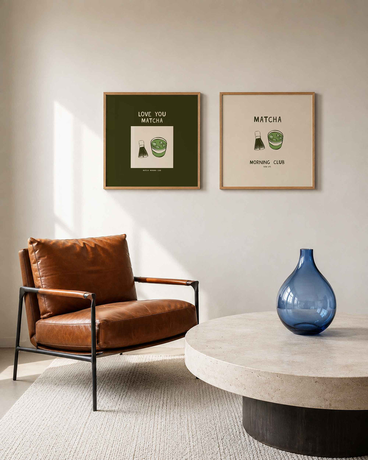Interieurpresentatie van een tweedelige vierkante posterset met matcha morning