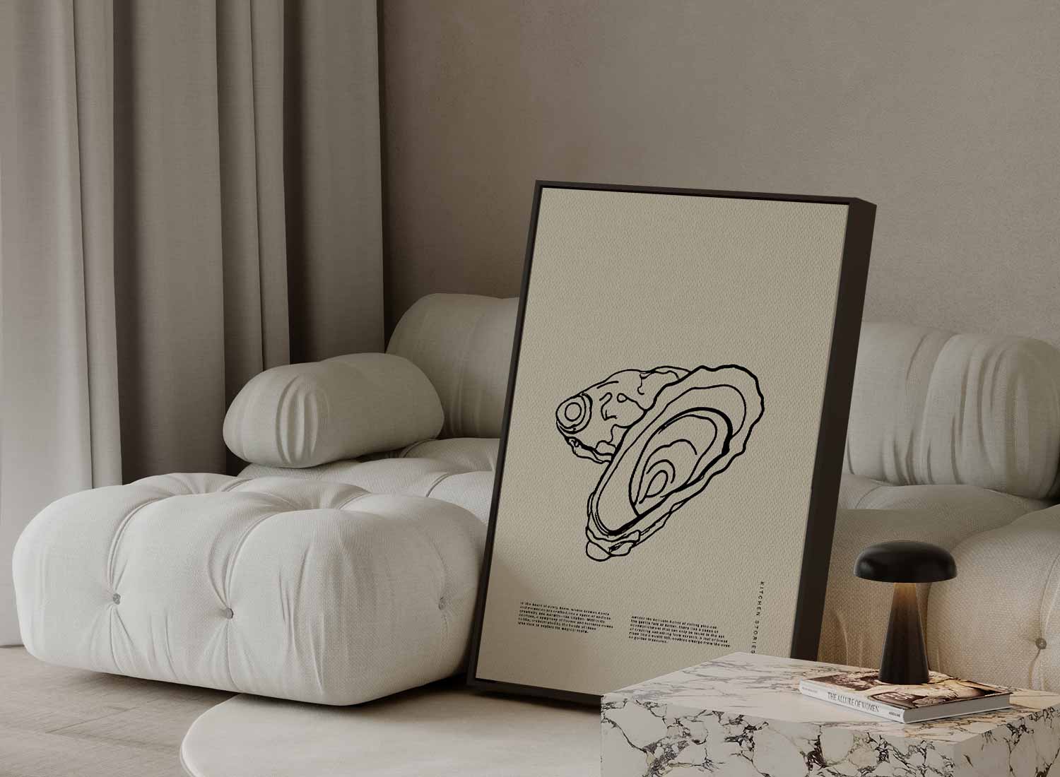 Oesterlijntekening op beige achtergrond Kunstwerk-canvas-dibond-plexiglas-wanddecoratie-WallArtistic