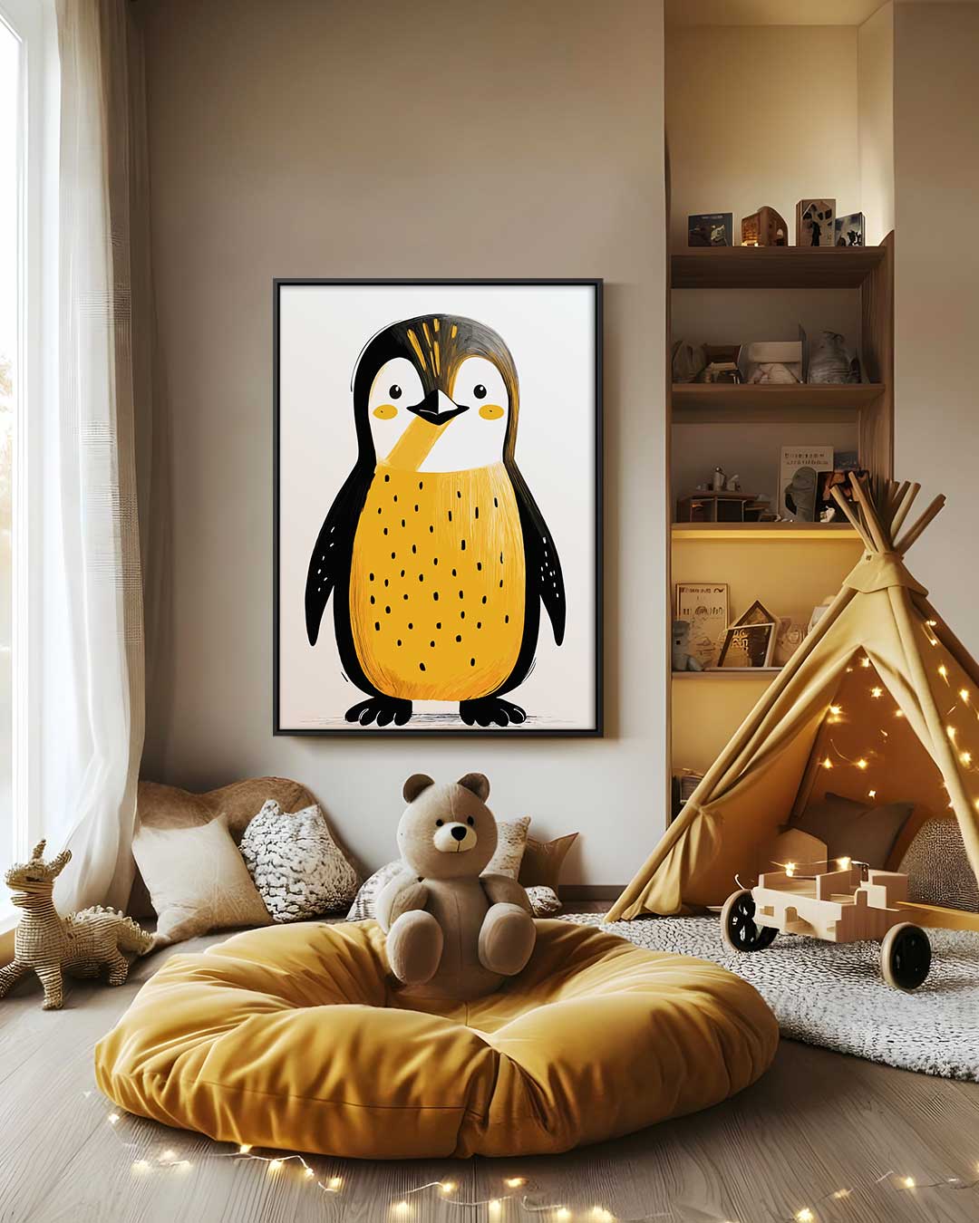 Vrolijke Pinguïn Illustratie Kunstwerk-canvas-dibond-plexiglas-wanddecoratie-WallArtistic