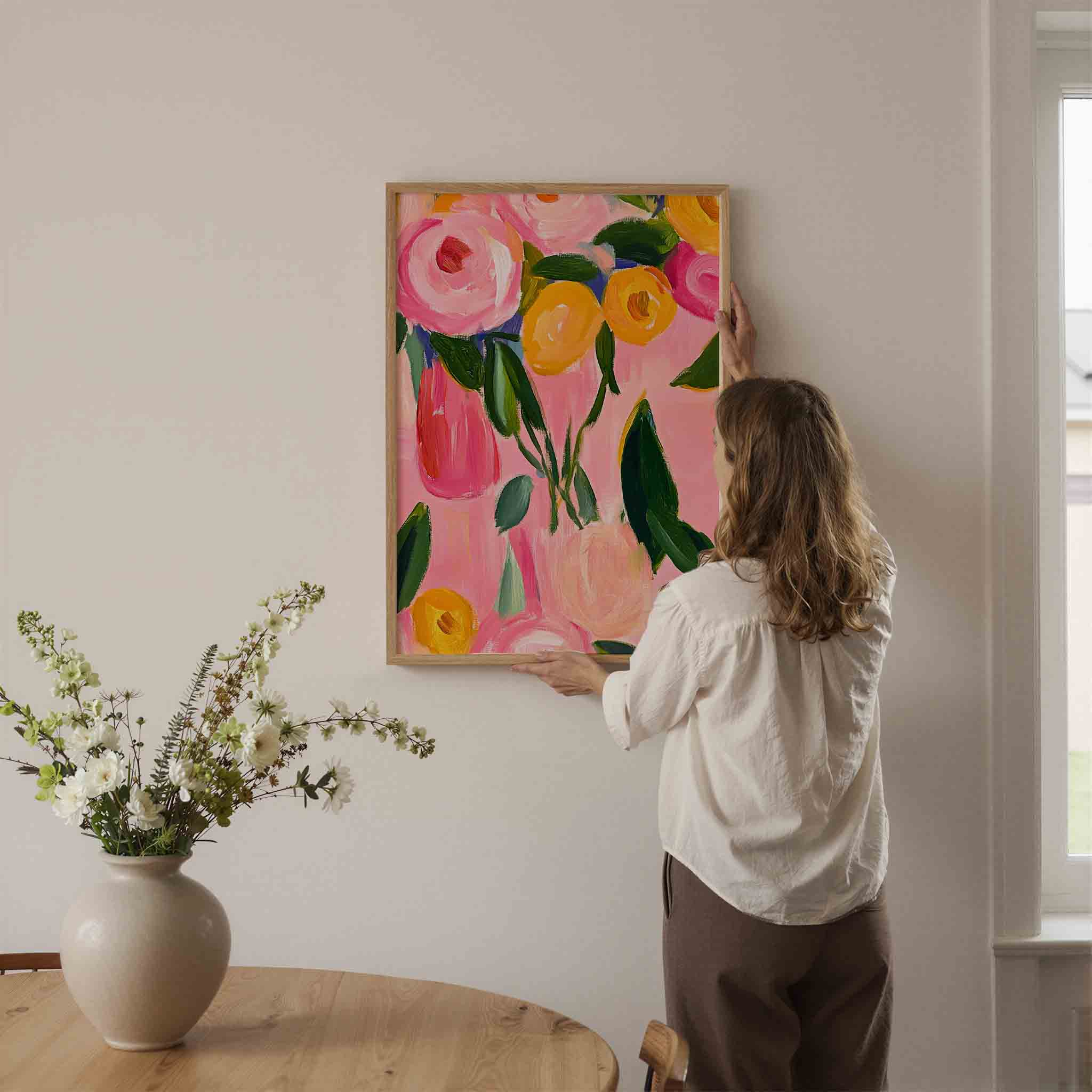 Bloemen in roze en geel Poster