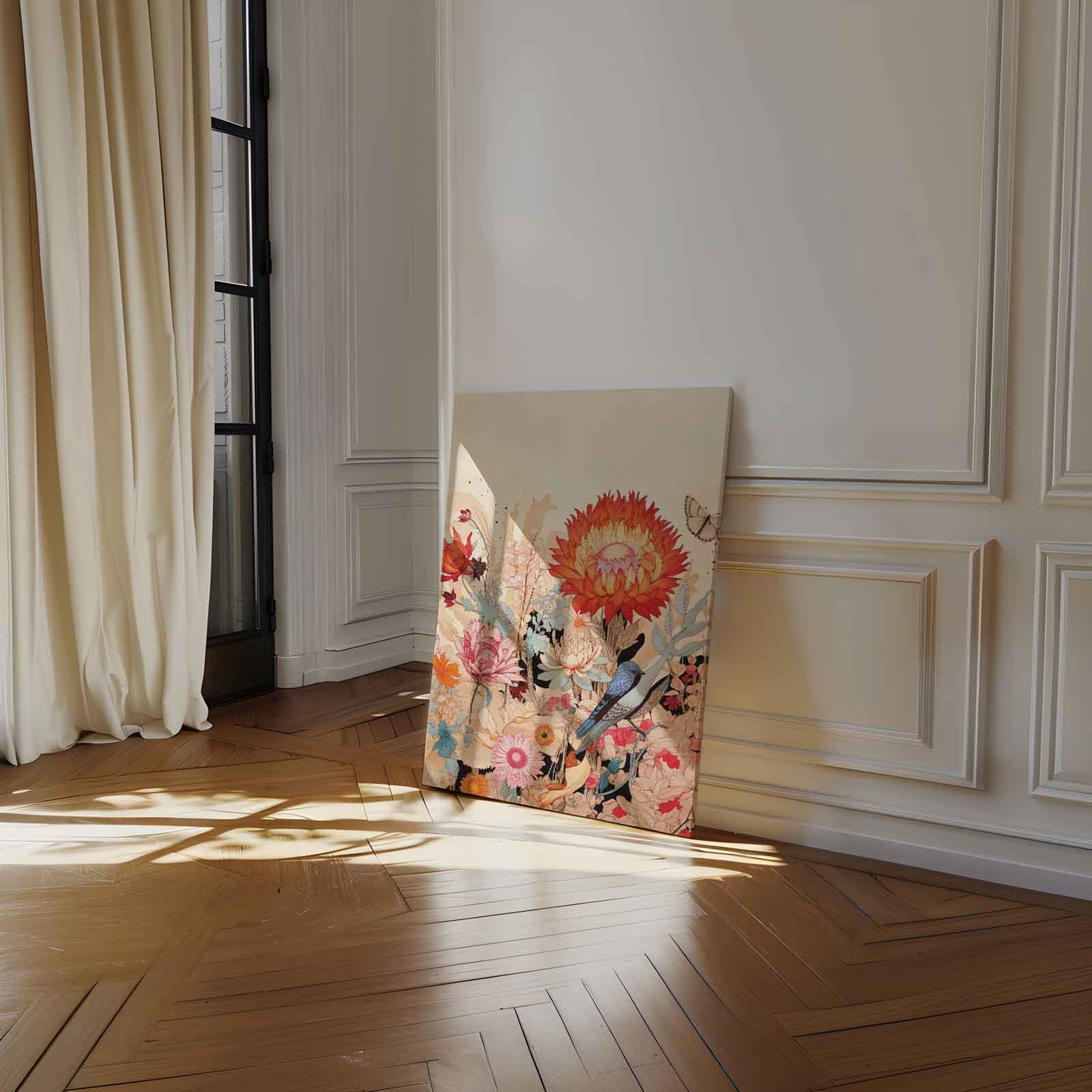 Vrolijke Bloemnatuur met Blauwe Vogel Kunstwerk-canvas-dibond-plexiglas-wanddecoratie-WallArtistic