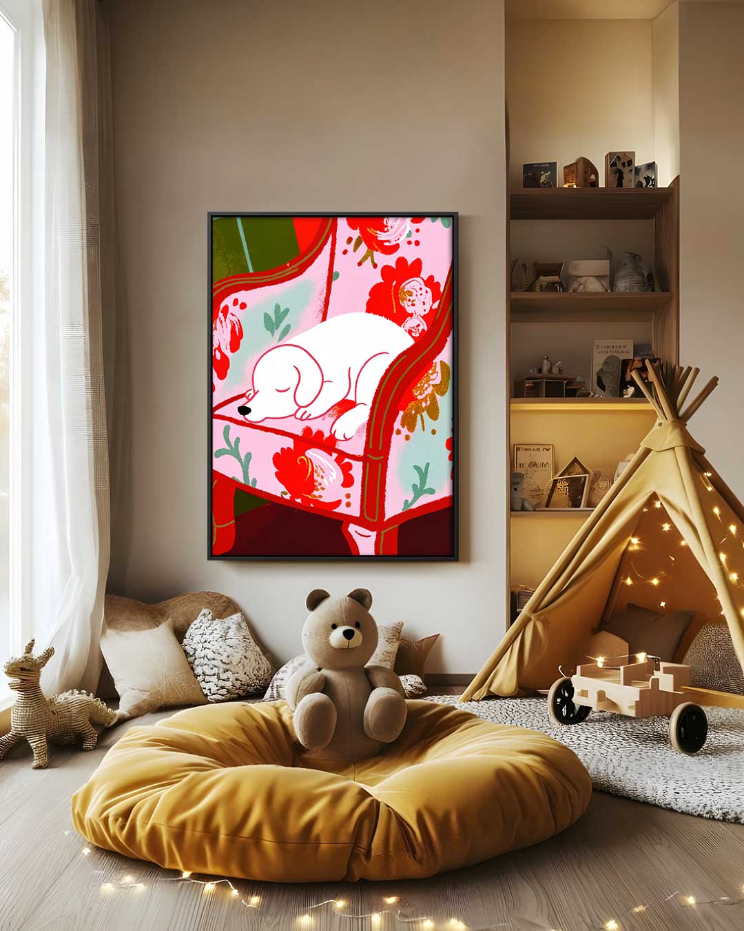 Dromerige Pup op Bloemenstoel Kunstwerk-canvas-dibond-plexiglas-wanddecoratie-WallArtistic