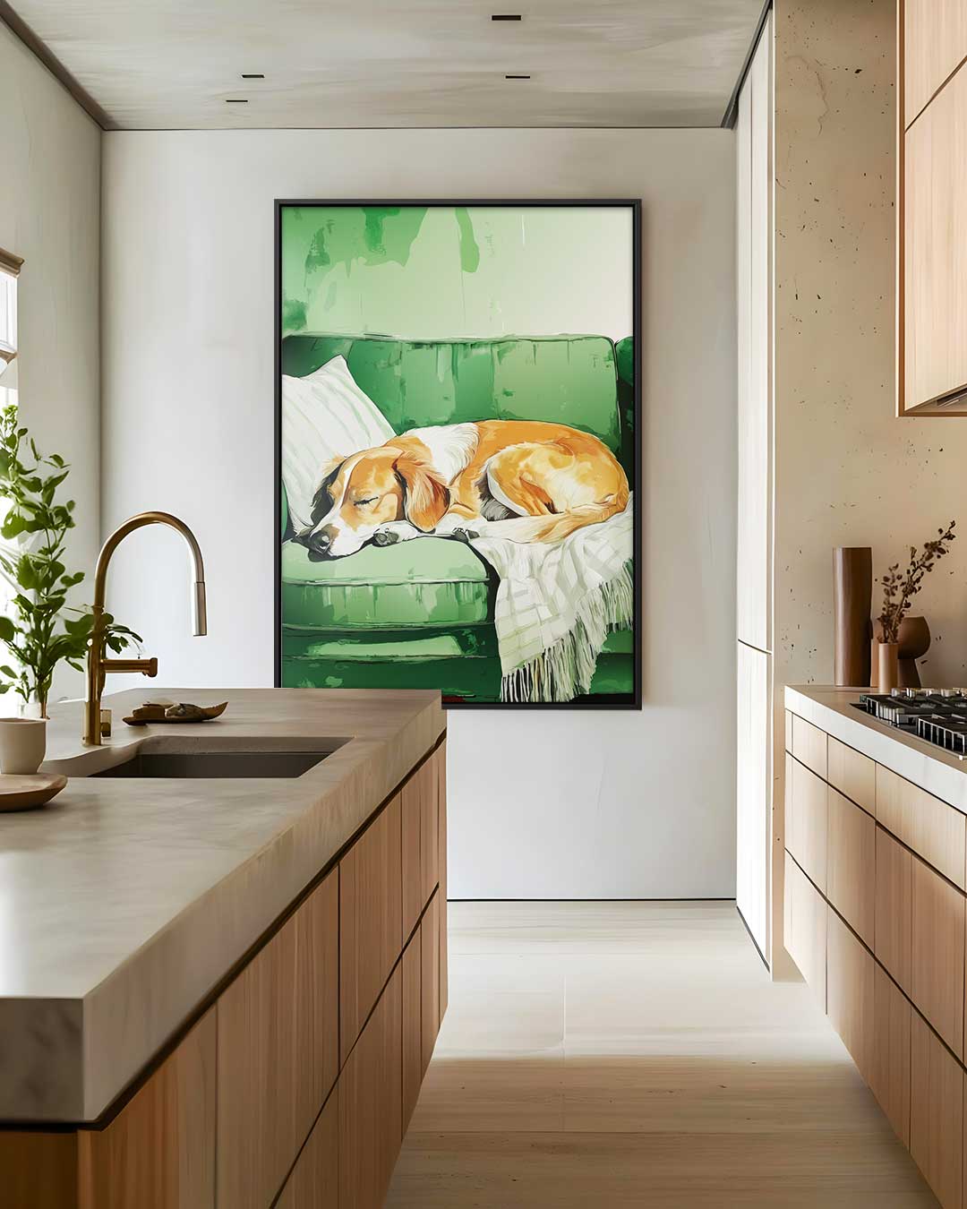 Slapende Hond op Groene Bank Kunstwerk-canvas-dibond-plexiglas-wanddecoratie-WallArtistic
