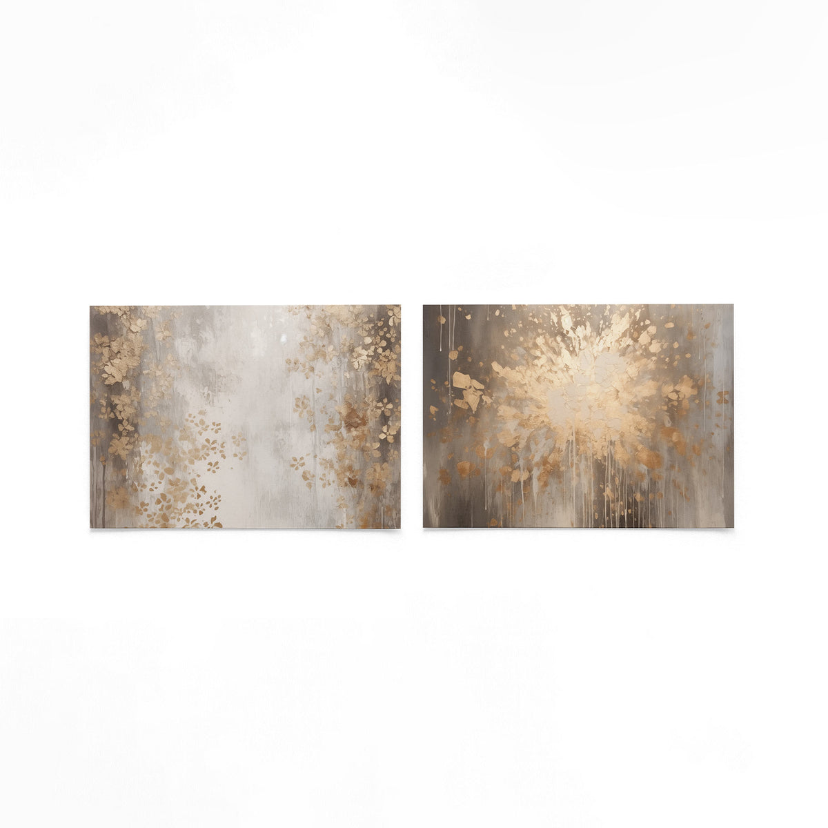 Twee liggende posters met een vloeiende beweging van gouden bloemen op een gebroken witte achtergrond