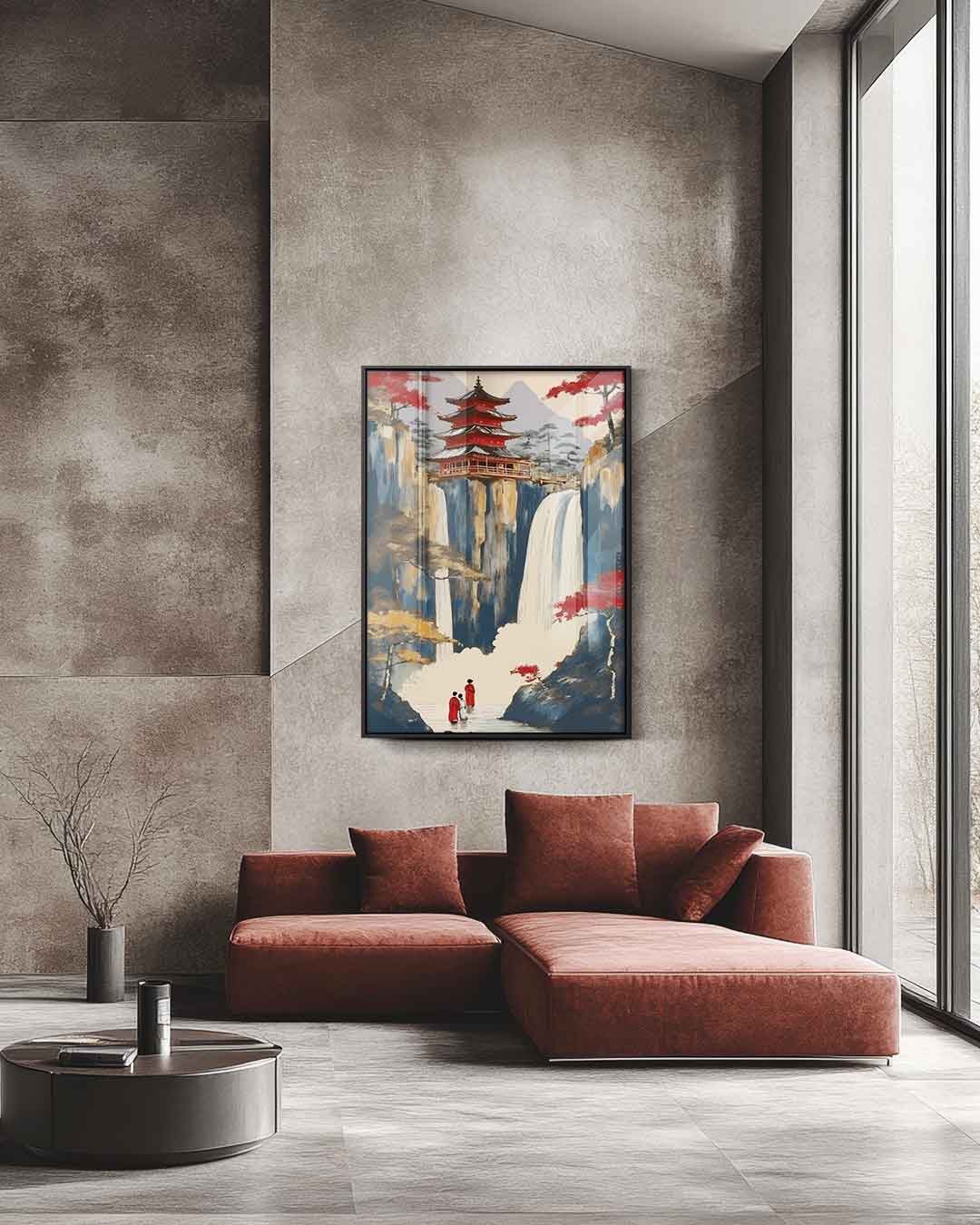 Mystieke Watervallen en Tempel Kunstwerk-canvas-dibond-plexiglas-wanddecoratie-WallArtistic