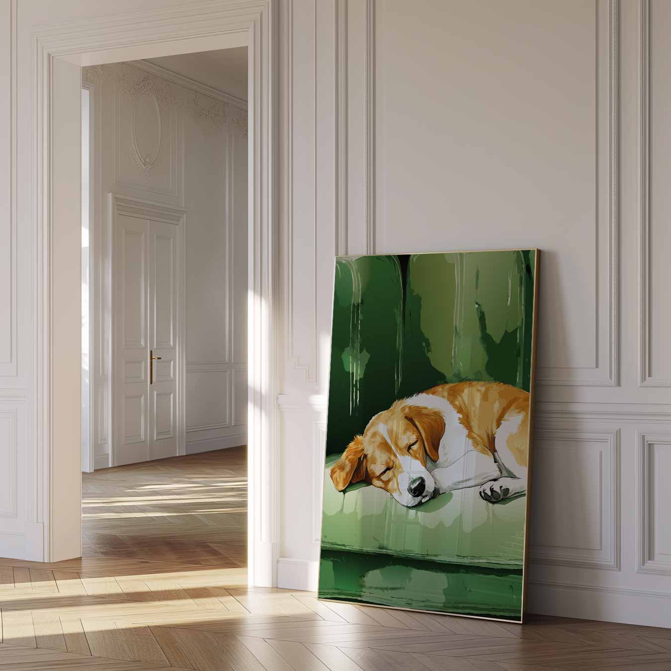Slapende Hond op Groene Bank Poster