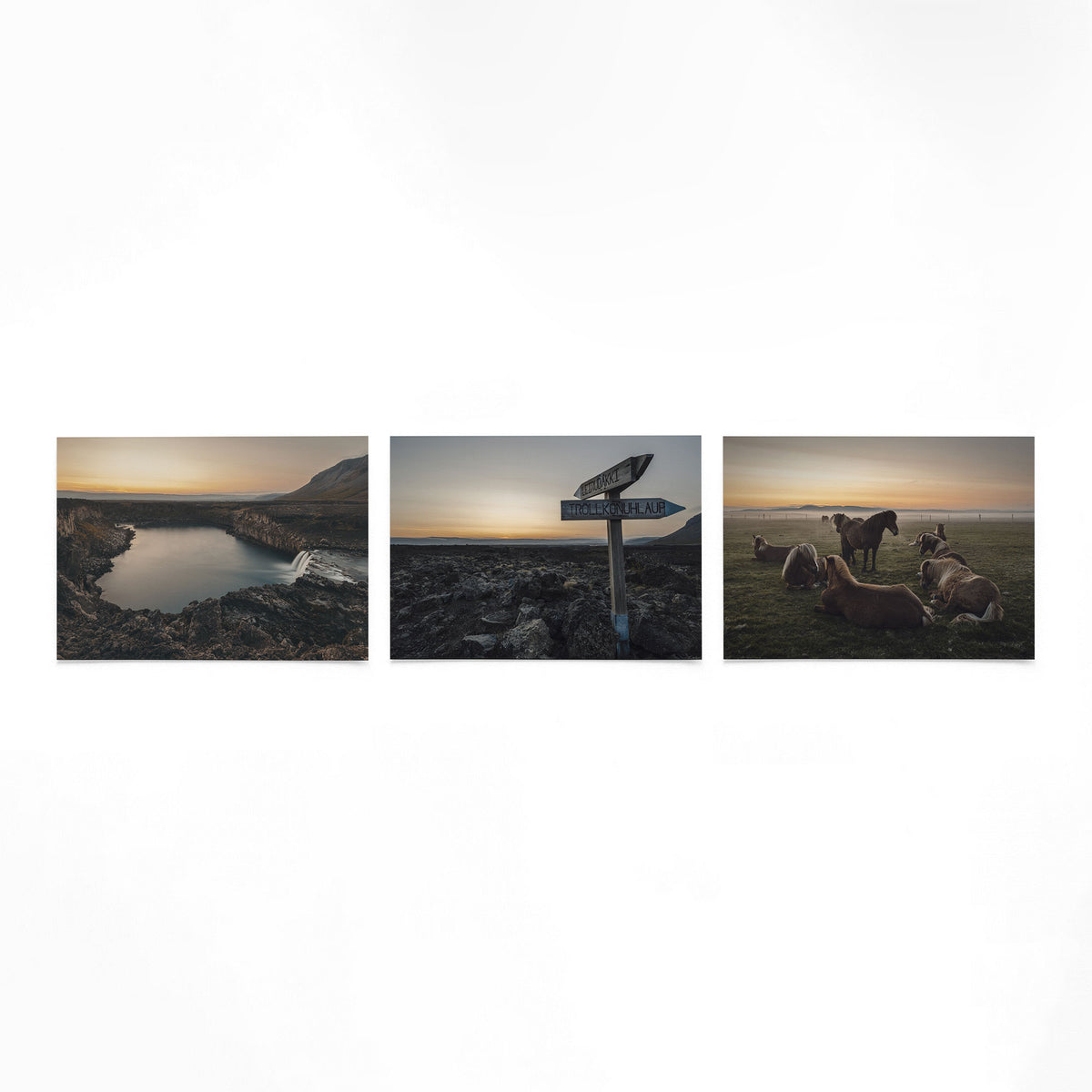 Productfoto van drie liggende posters met avondlicht op ruig land – Gerald Emming