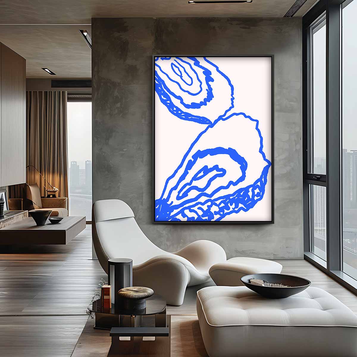 Abstracte Blauwe Contouren op Beige Kunstwerk-canvas-dibond-plexiglas-wanddecoratie-WallArtistic
