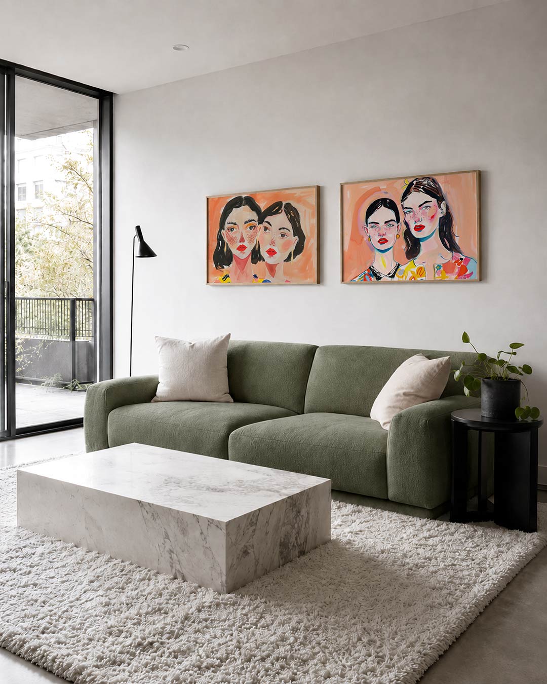 Twee liggende posters met twee gezichten met levendige kleuren en speelse penseelstreken, aan de muur in een interieur