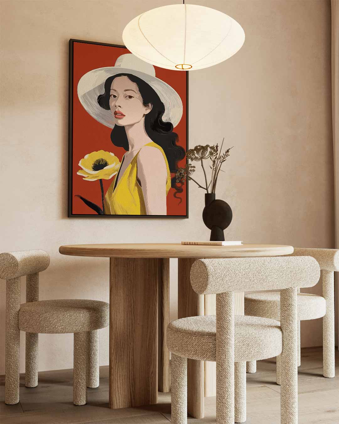 Vrouw en Bloem in Zomerhoed Kunstwerk-canvas-dibond-plexiglas-wanddecoratie-WallArtistic