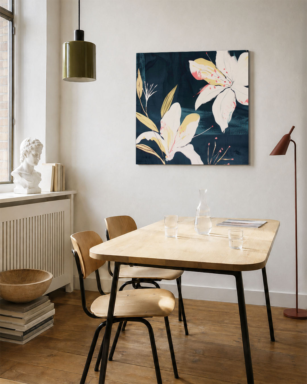 Bloemmotief op donkerblauw Kunstwerk