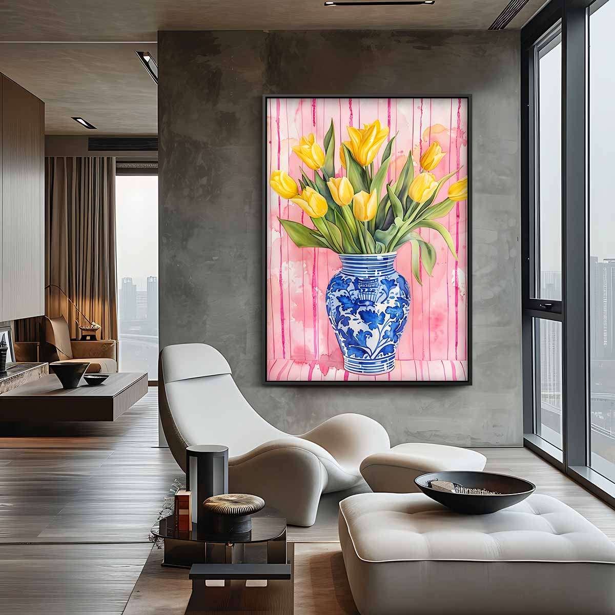 Vrolijke Gele Tulpen in Delfts Blauwe Vaas Kunstwerk-canvas-dibond-plexiglas-wanddecoratie-WallArtistic