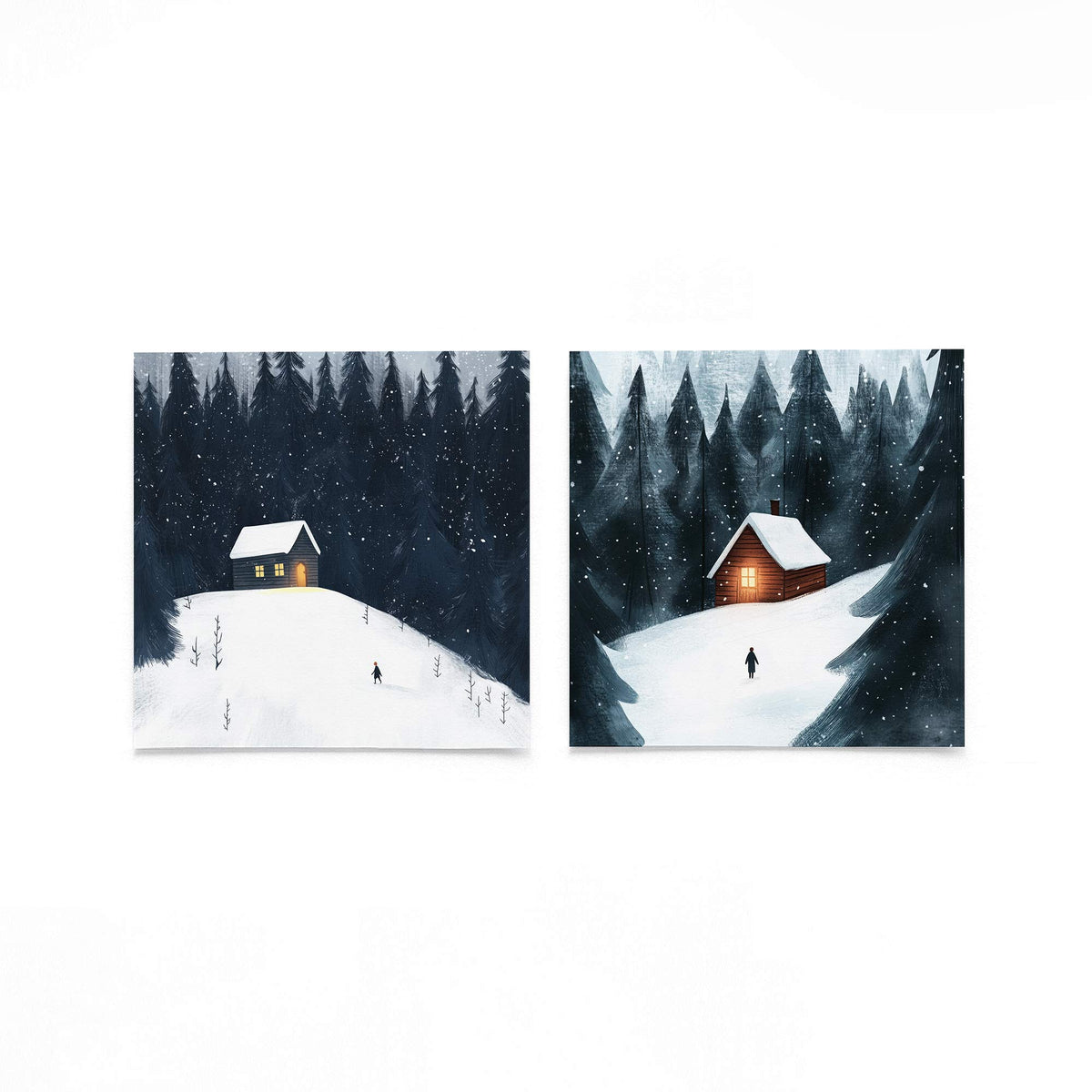 Twee vierkante posters met besneeuwde boshutten op een gebroken witte achtergrond