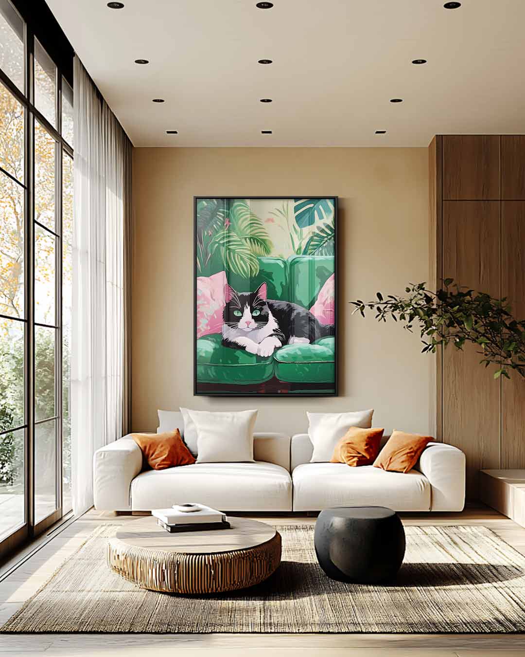 Relaxende Kat in Groene Jungle Kunstwerk-canvas-dibond-plexiglas-wanddecoratie-WallArtistic