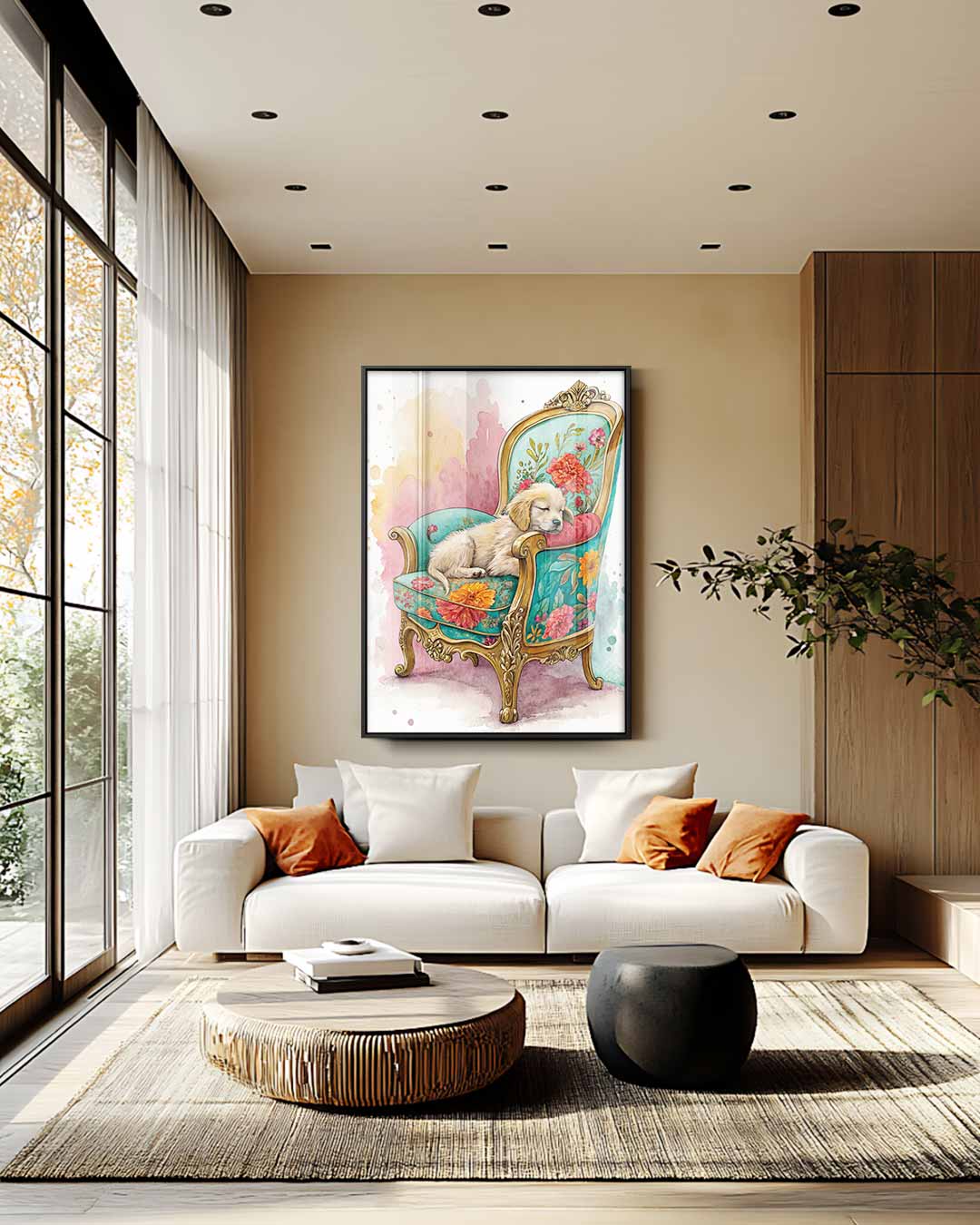 Dromerig Hondje op Bloemenstoel Kunstwerk-canvas-dibond-plexiglas-wanddecoratie-WallArtistic