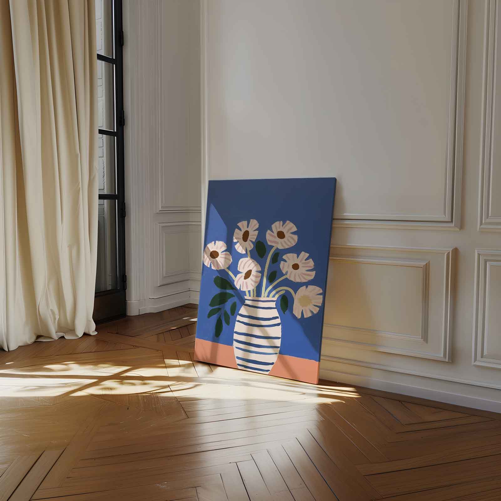 Stralende Bloemen in Gestreepte Vaas Kunstwerk-canvas-dibond-plexiglas-wanddecoratie-WallArtistic