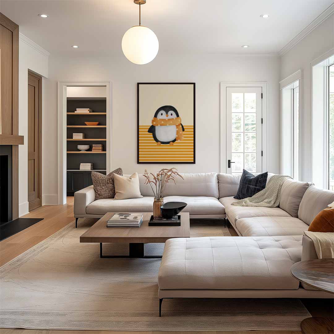 Schattige Pinguïn met Sjaal Illustratie Kunstwerk-canvas-dibond-plexiglas-wanddecoratie-WallArtistic