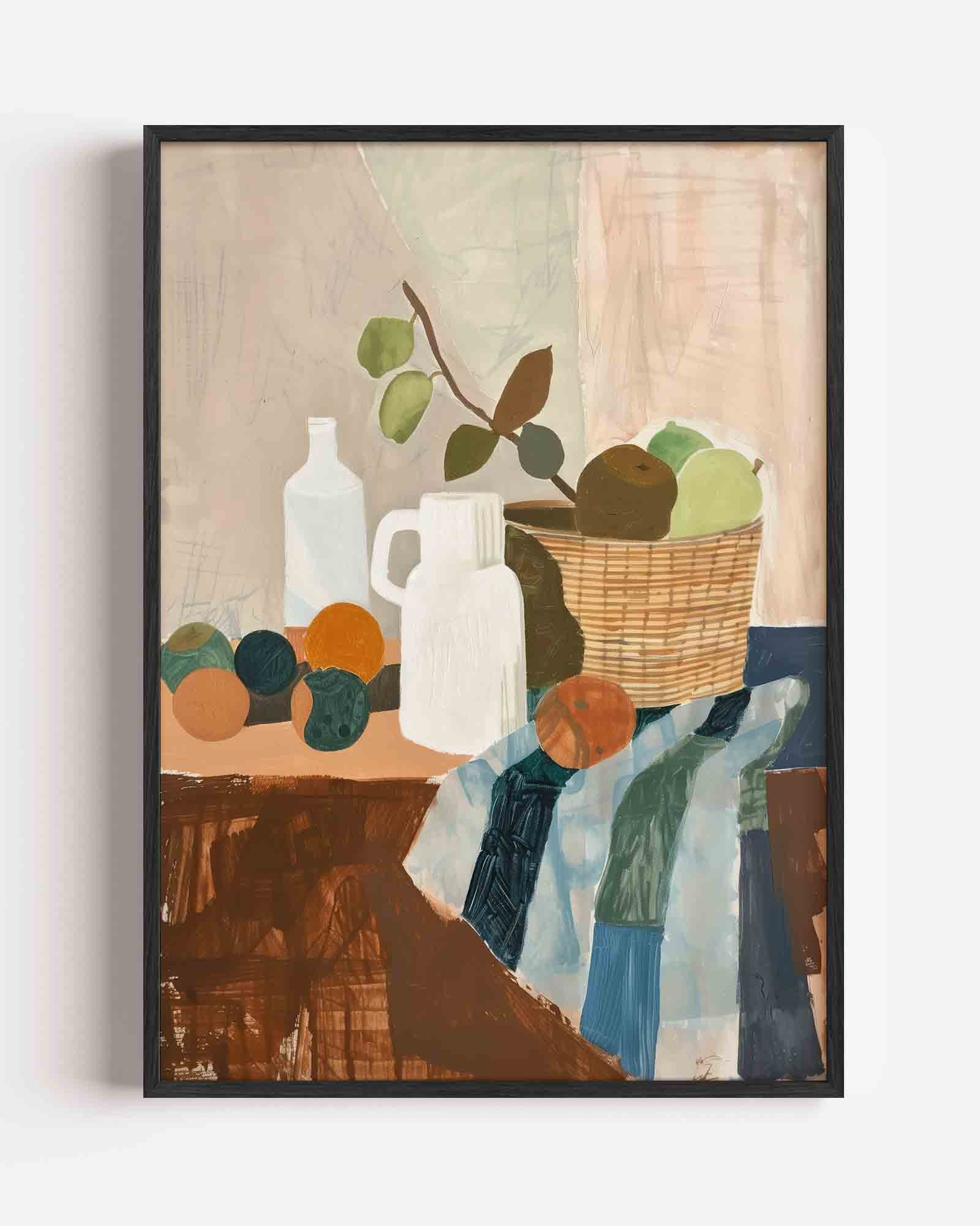 Stilleven met fruit en flessen Poster