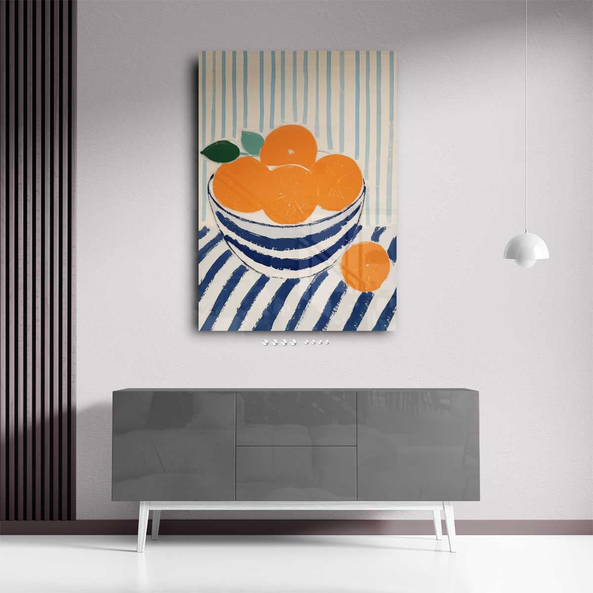 Zonnige Sinaasappels in Streepjesland Kunstwerk-canvas-dibond-plexiglas-wanddecoratie-WallArtistic