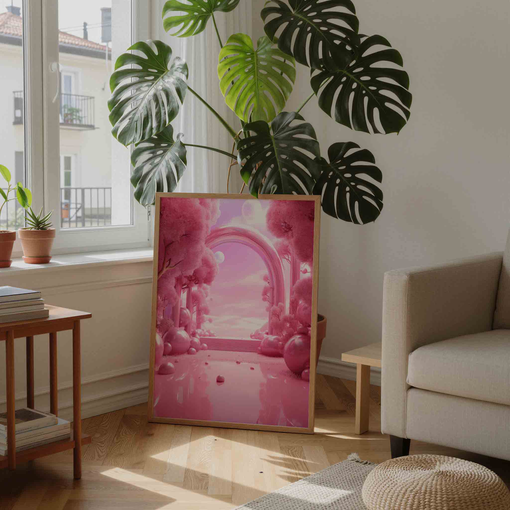 Roze landschap met bogen Poster