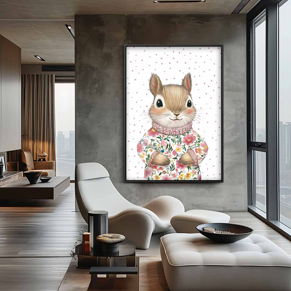 Schattige Eekhoorn in Bloemen Trui Kunstwerk-canvas-dibond-plexiglas-wanddecoratie-WallArtistic