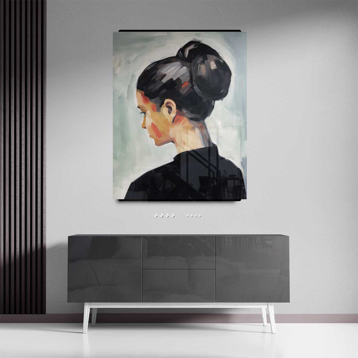 Vrouwelijke Elegantie in Stille Reflectie Kunstwerk-canvas-dibond-plexiglas-wanddecoratie-WallArtistic