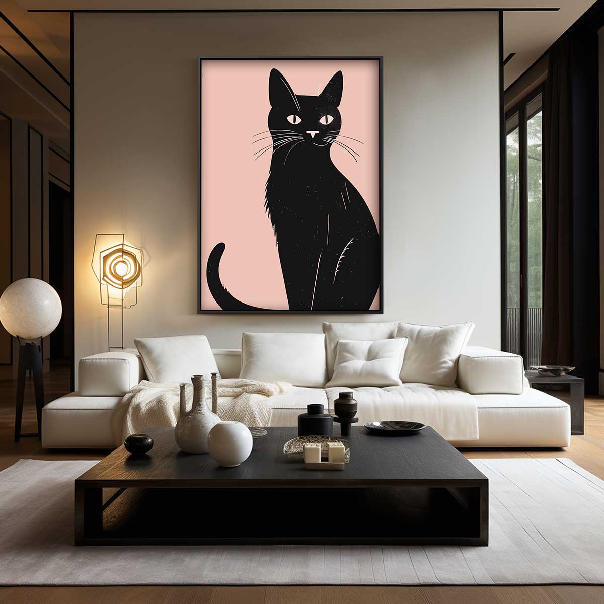 Stijlvolle Zwarte Kat Illustratie Kunstwerk-canvas-dibond-plexiglas-wanddecoratie-WallArtistic
