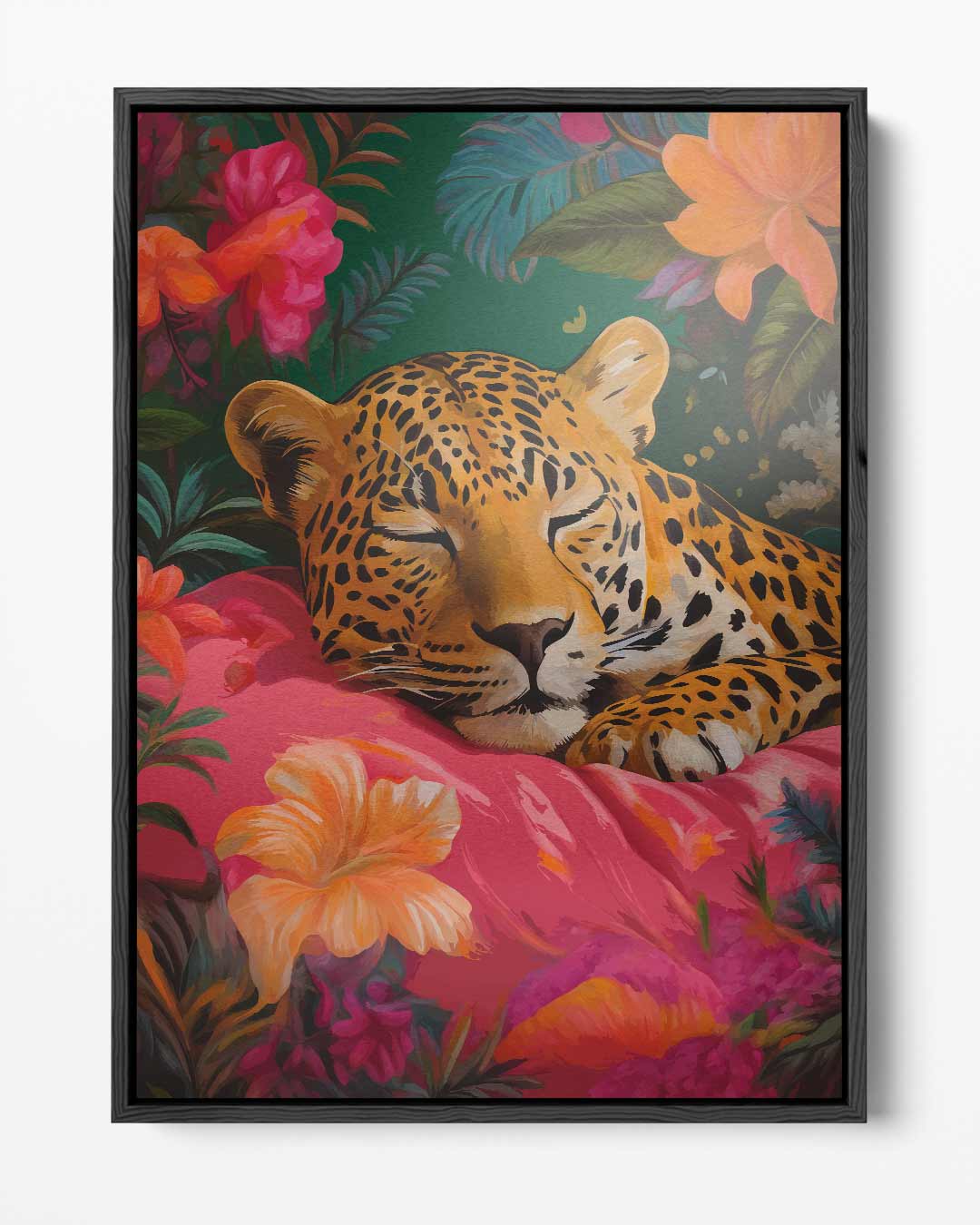 Sluimerende Luipaard in Bloemenpracht Kunstwerk-canvas-dibond-plexiglas-wanddecoratie-WallArtistic