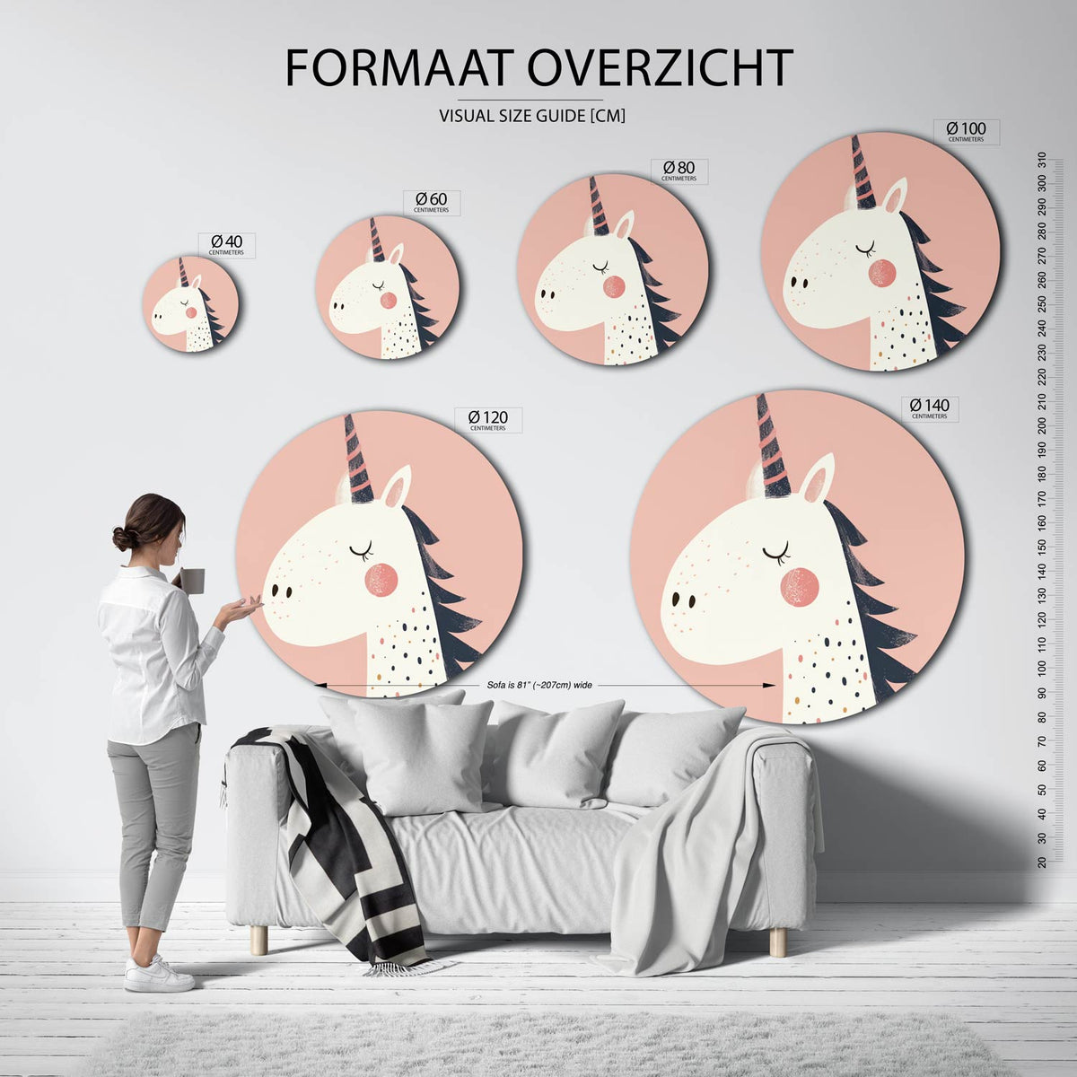 Eenhoorn met roze achtergrond Muurcirkel – extra productweergave – Een witte eenhoorn met roze blos en gestreepte hoorn op