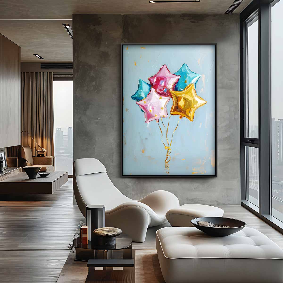 Vrolijke Sterrenballonnen Kunstwerk-canvas-dibond-plexiglas-wanddecoratie-WallArtistic