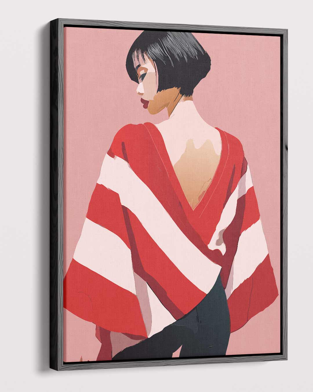 Vrouw met Rode en Witte Streep Cape Kunstwerk-canvas-dibond-plexiglas-wanddecoratie-WallArtistic