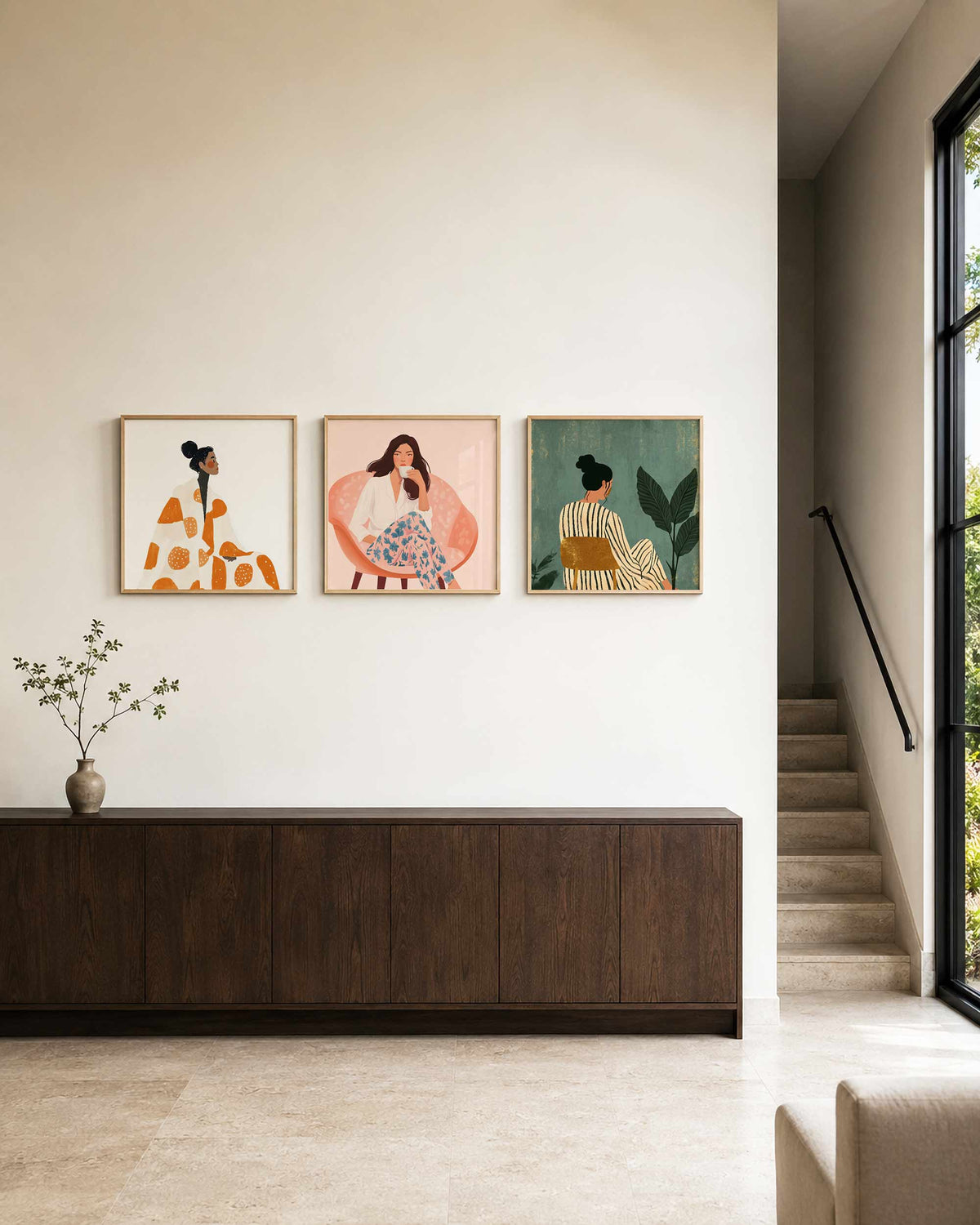 Interieurpresentatie van een driedelige vierkante posterset met vrouwenportretten