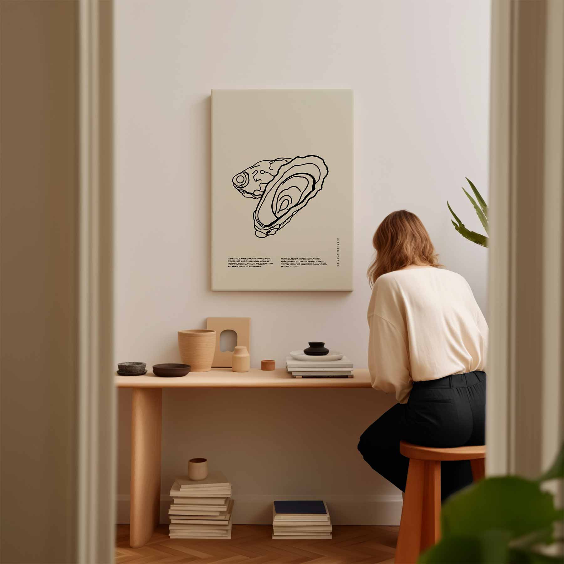 Oesterlijntekening op beige achtergrond Kunstwerk-canvas-dibond-plexiglas-wanddecoratie-WallArtistic