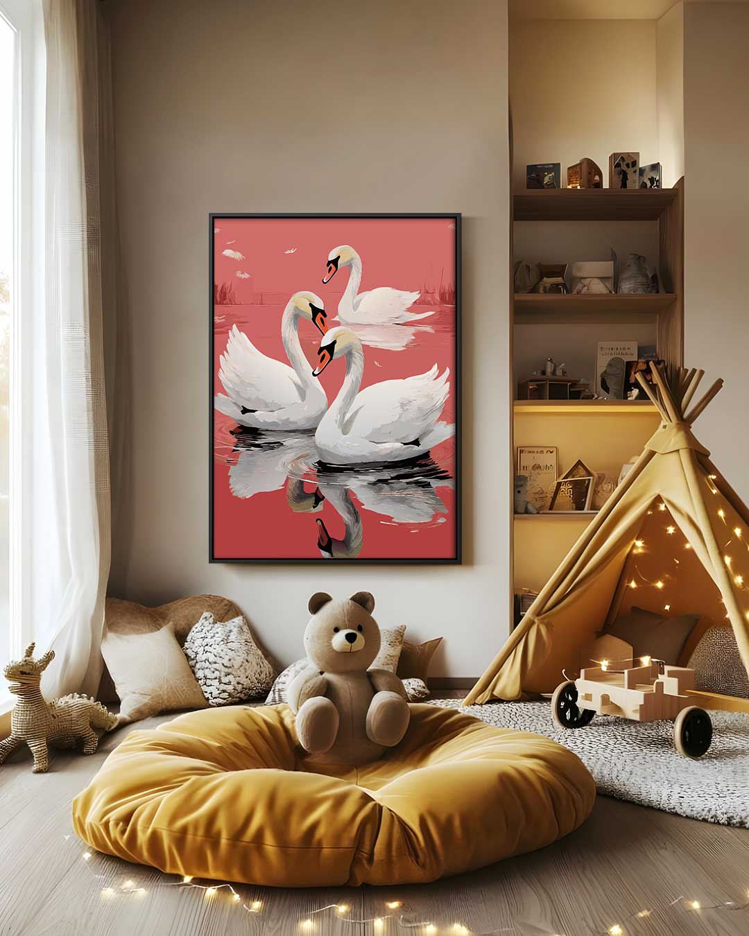 Elegante Zwanen in Rustig Water Kunstwerk-canvas-dibond-plexiglas-wanddecoratie-WallArtistic