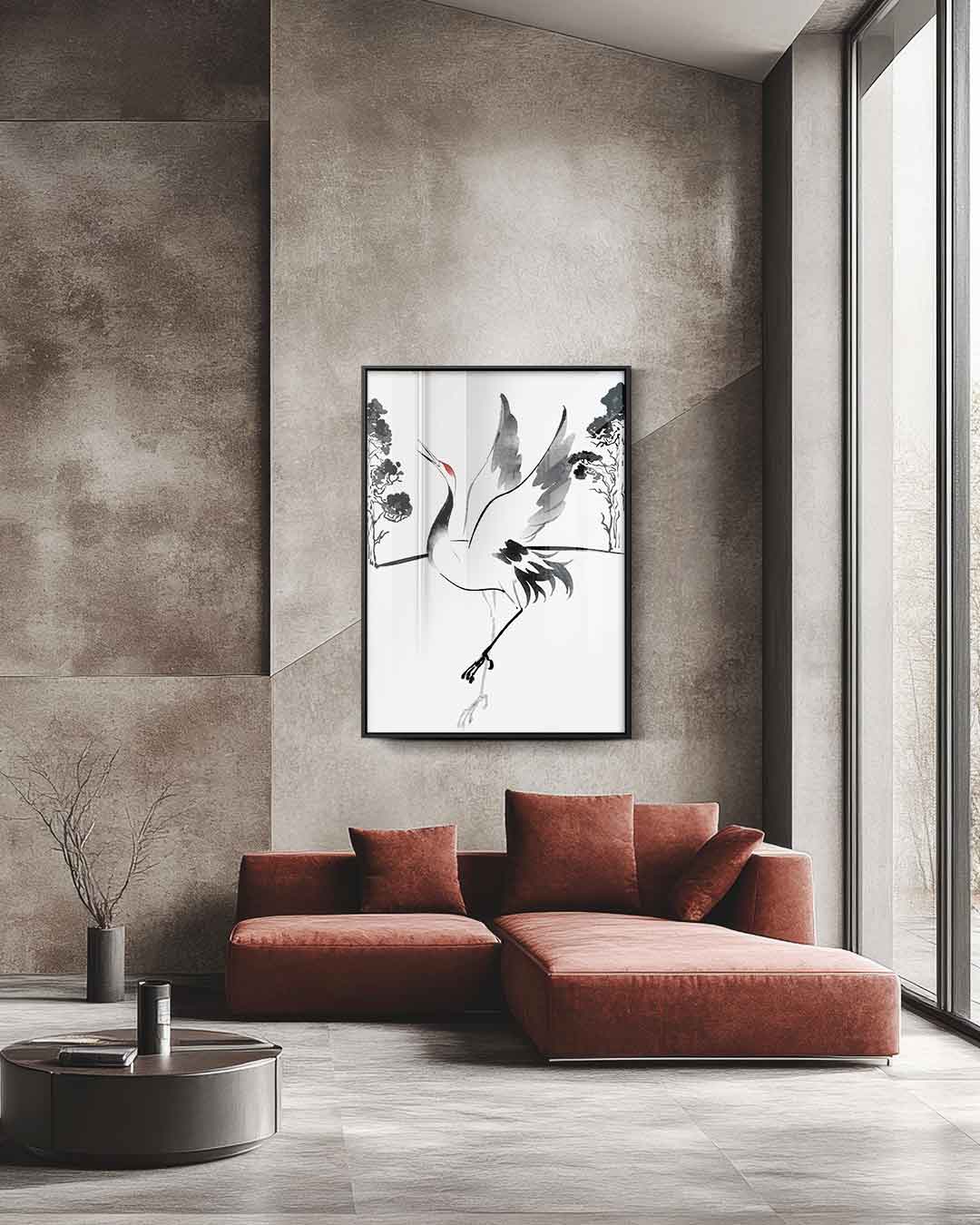 Dansende Kraanvogel in Inkt Kunstwerk-canvas-dibond-plexiglas-wanddecoratie-WallArtistic