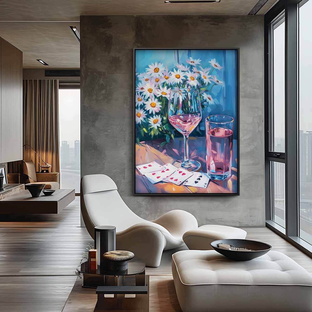 Zomerse Sferen met Glazen en Madeliefjes Kunstwerk-canvas-dibond-plexiglas-wanddecoratie-WallArtistic