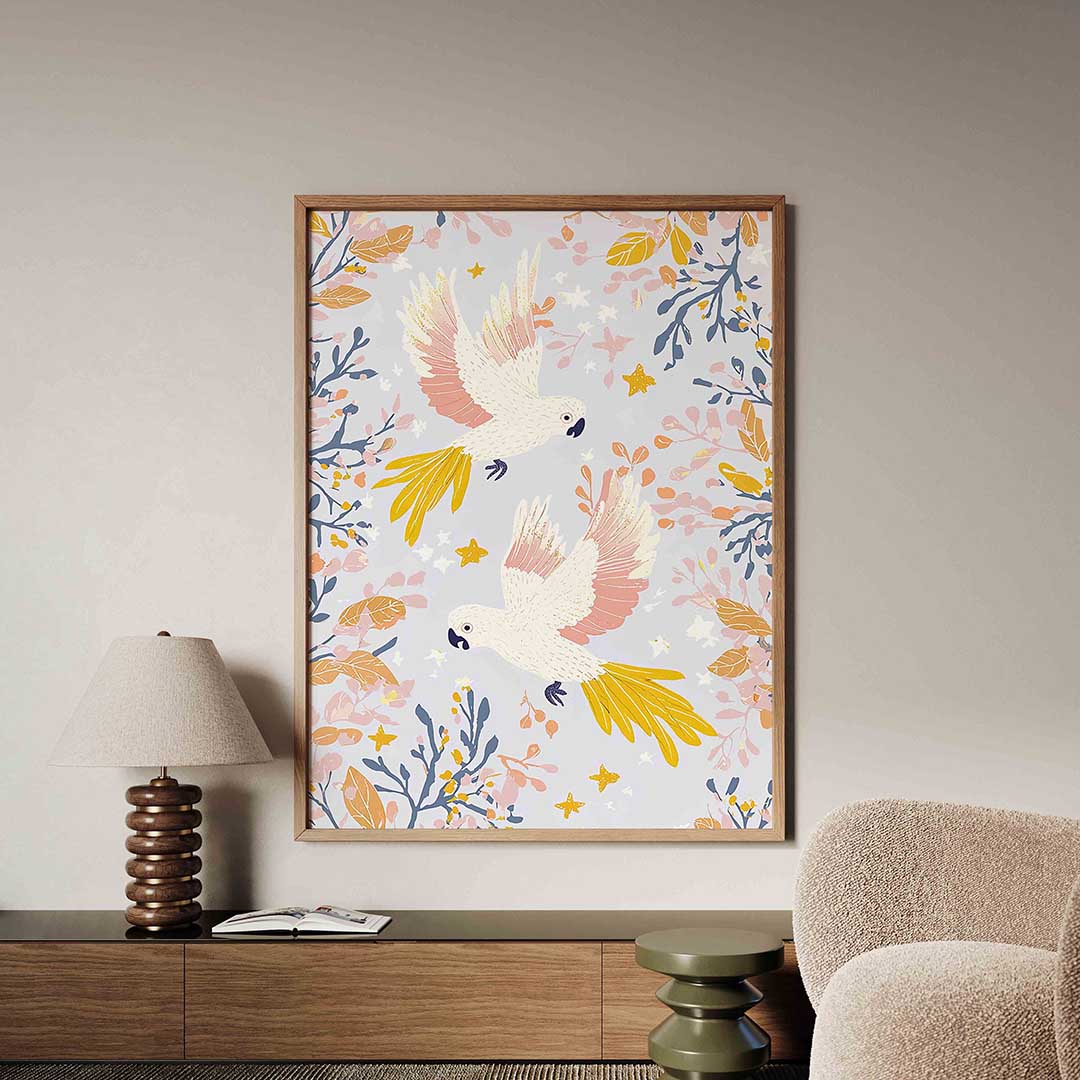 Papegaaien en bladeren Poster