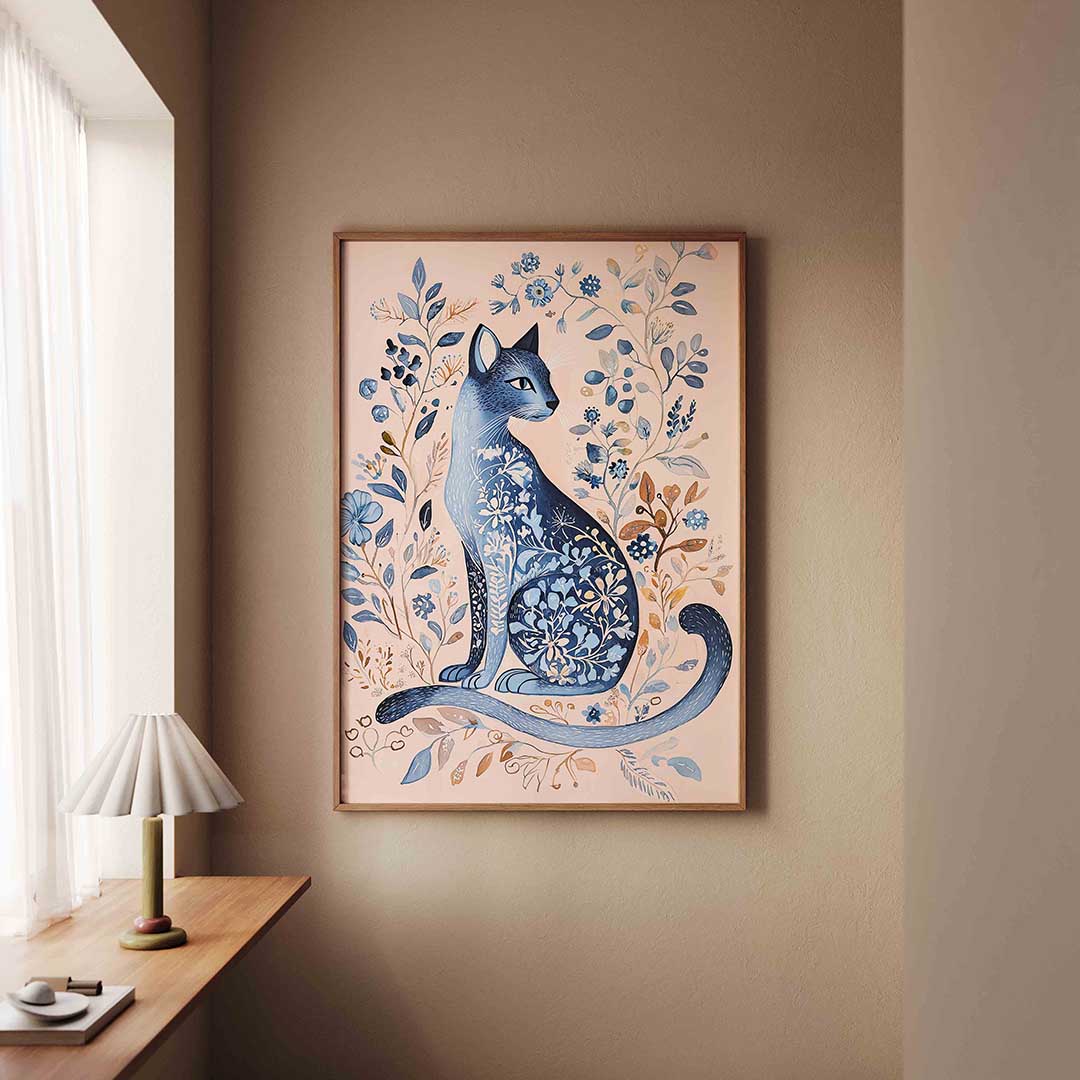 Blauwe kat met bloemen Poster